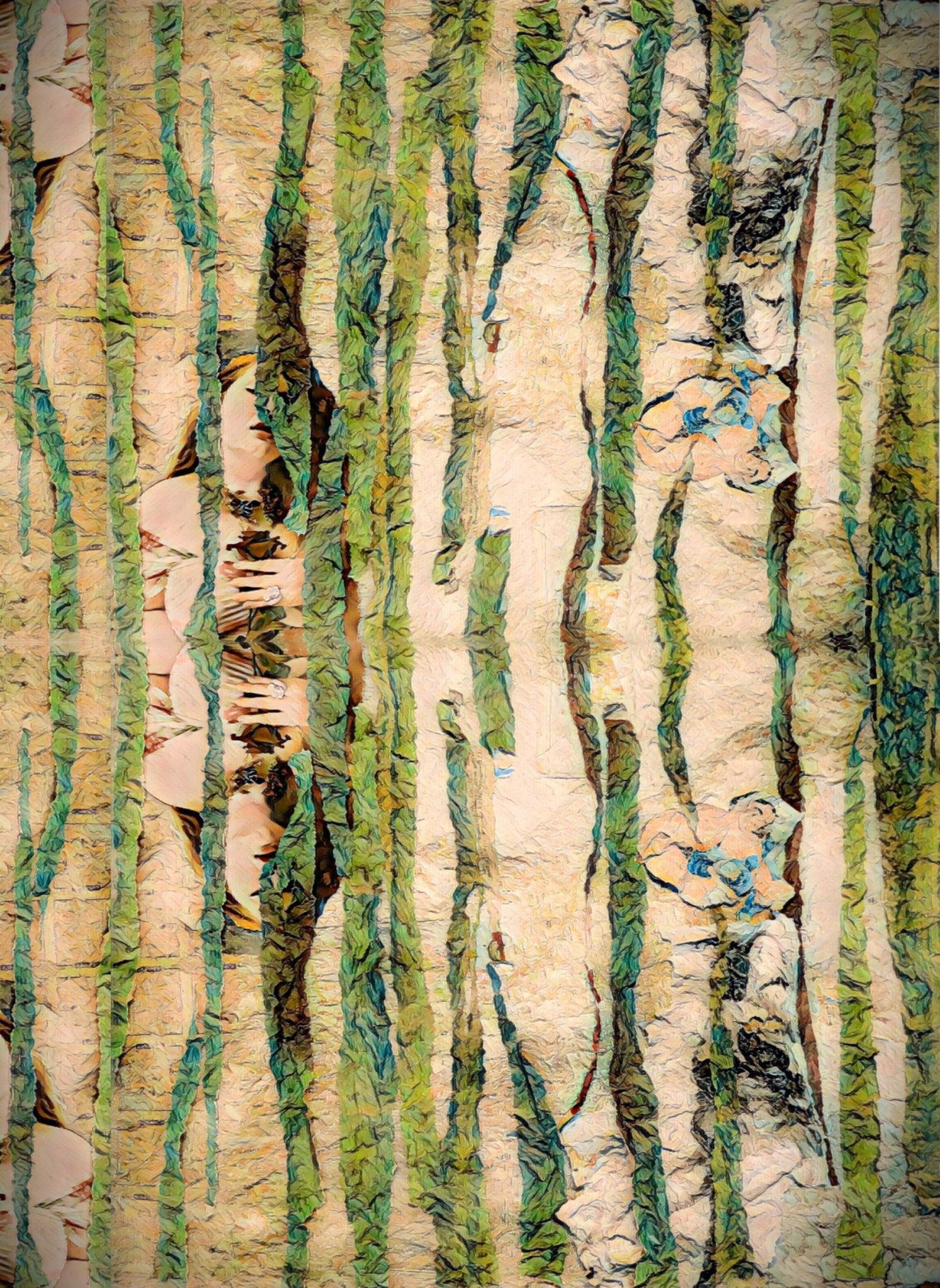 A mirrored abstract forest like scene with vertical trunks in muted greens and beiges. Within the images, partially obscured human faces, bodies and hands appear camouflaged among the trees.