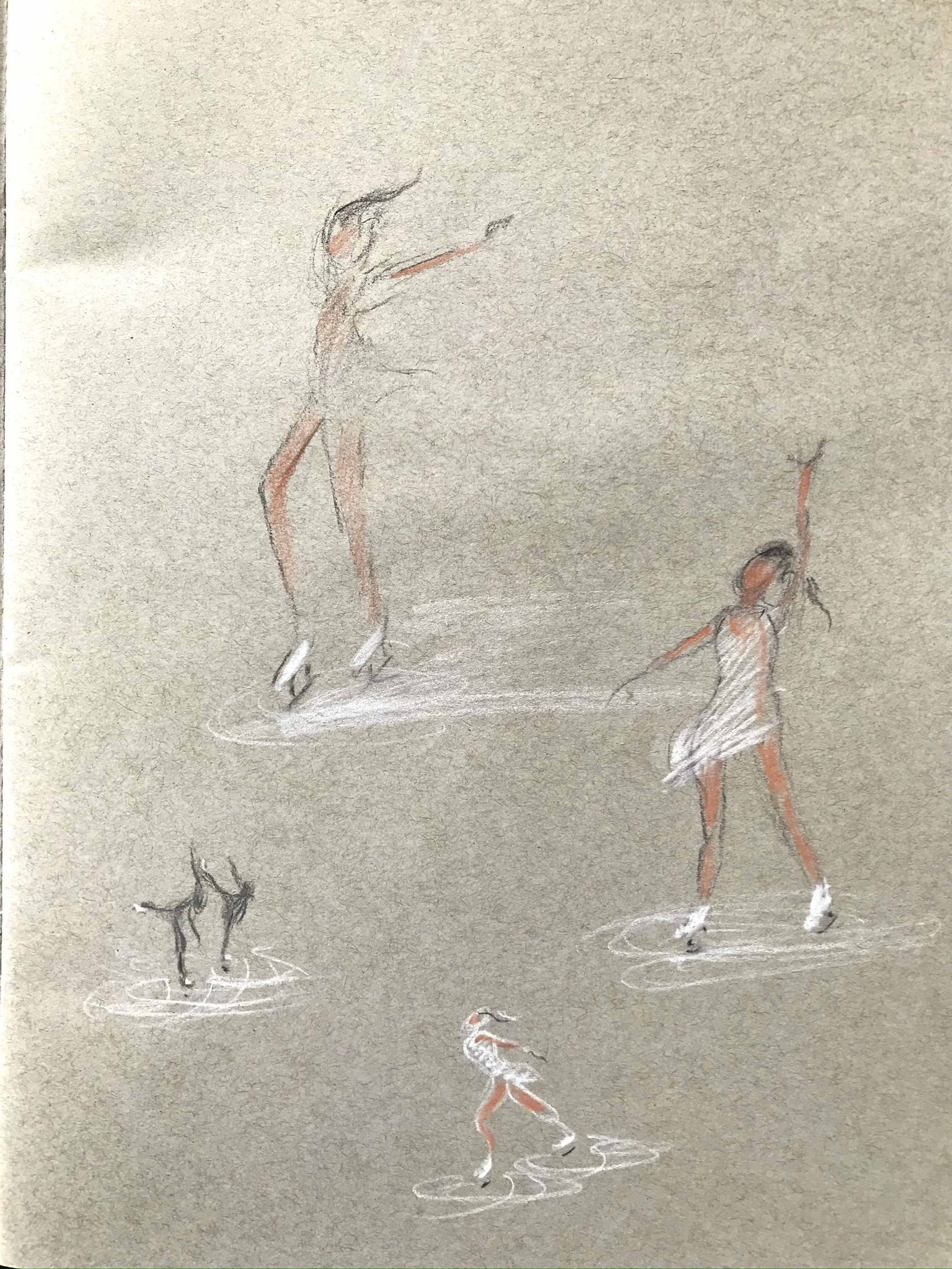 Quick sketches of ice skating dancers in tinted charcoal, peach, black and white on greyish paper