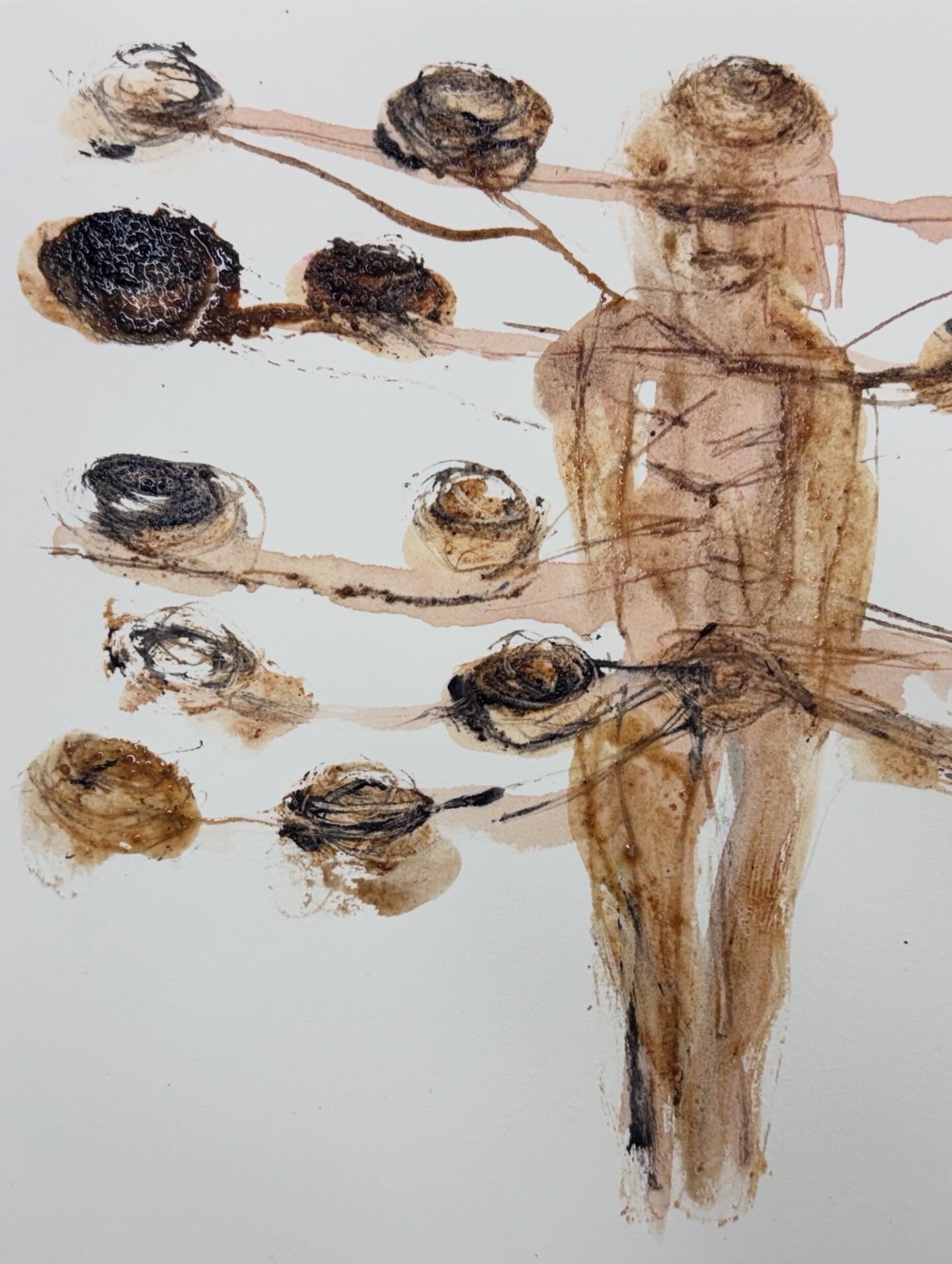 Drawing of myself connected to seeds or nests