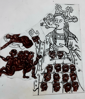 Painted outline of Ecclesia giving birth. Her babies have been painted opaque brown which is too dark.. other colours will be added