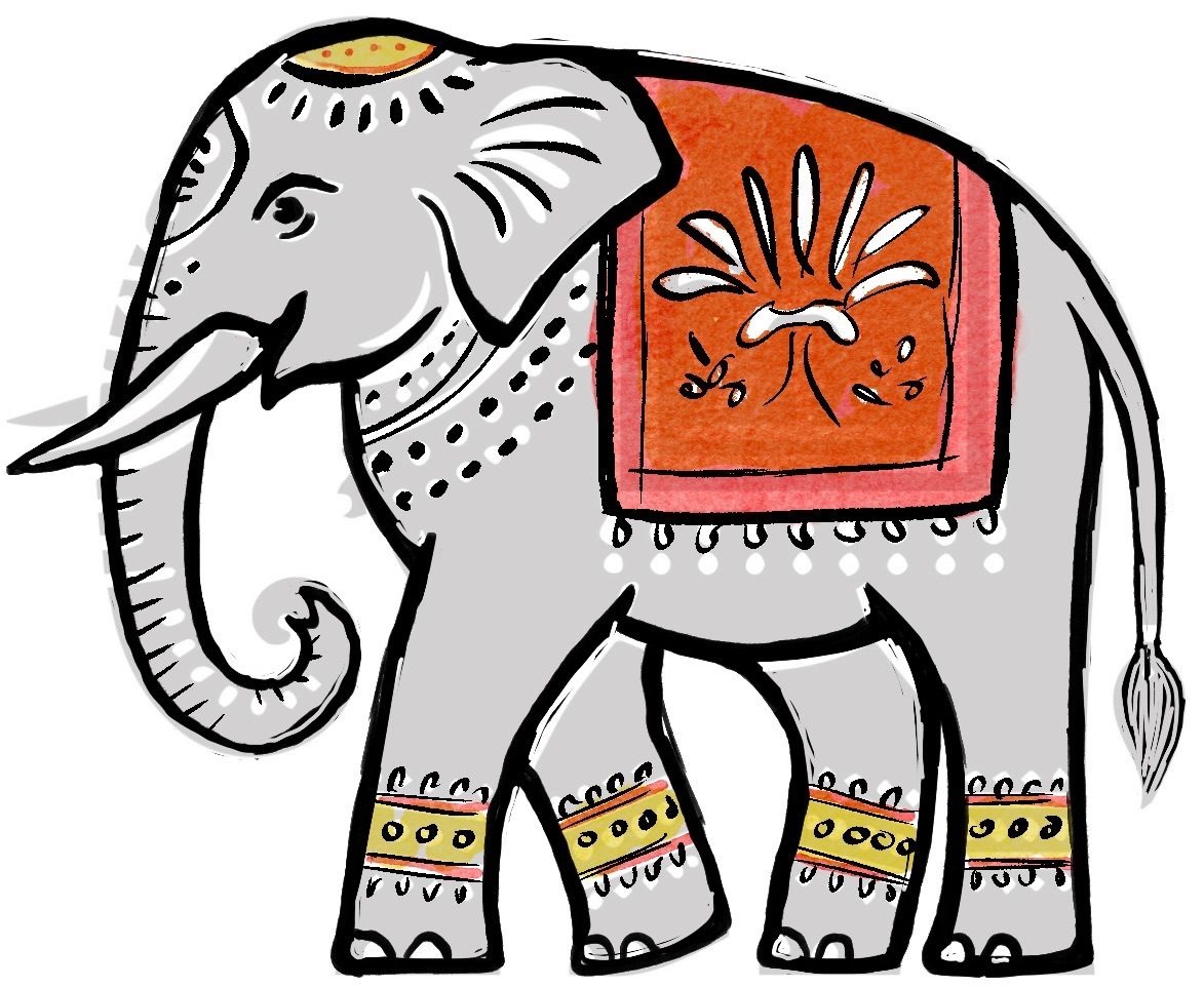 Digital drawing of an indian elephant done like a woodcut with a little red yellow and grey colouring