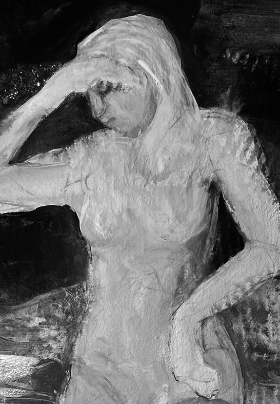 Mixed media work on paper of a female figure in a pensive posture.