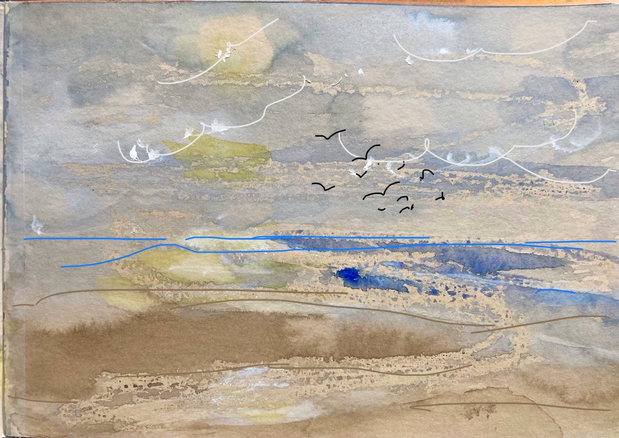 Watercolour and pen on brown card depicting an impression of seaside on a beach