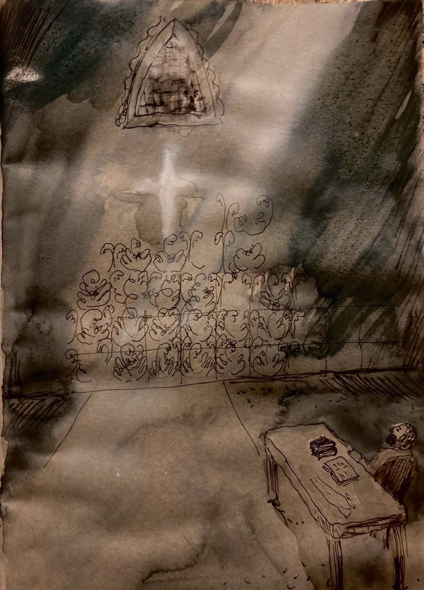 Pen, watercolour and tinted charcoal on grey paper depicting the interior of a church in low light with a shape of a cross on the wall as a projection of light (sunlight through a shape of a cross)