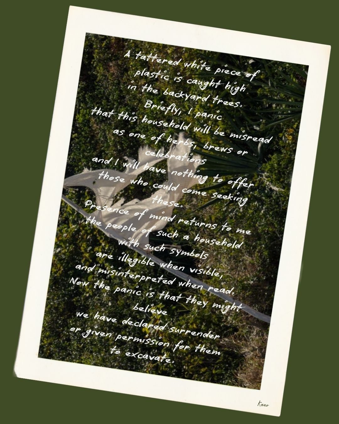 Photo of a white tattered flag and a poem