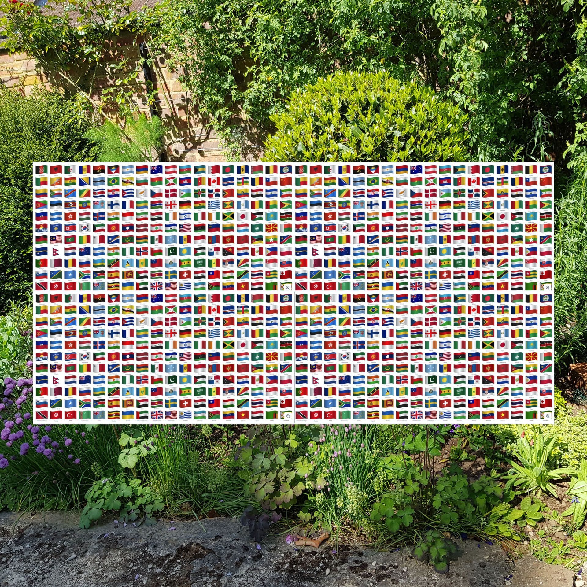All the flags of the world are presented several times against a background of a garden to embrace all peoples and see our planet as one resource.  The flags in small scale read as multi coloured pixels.