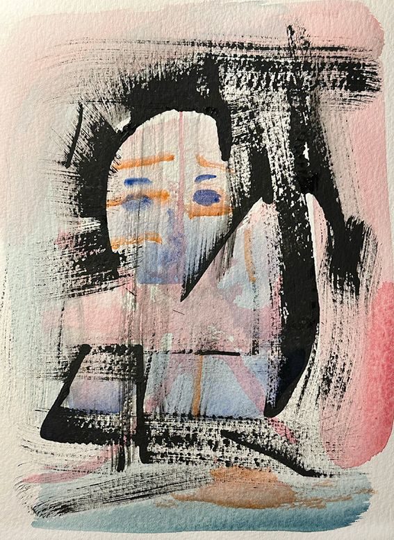 Black ink and blue orange and magenta watercolor abstract face