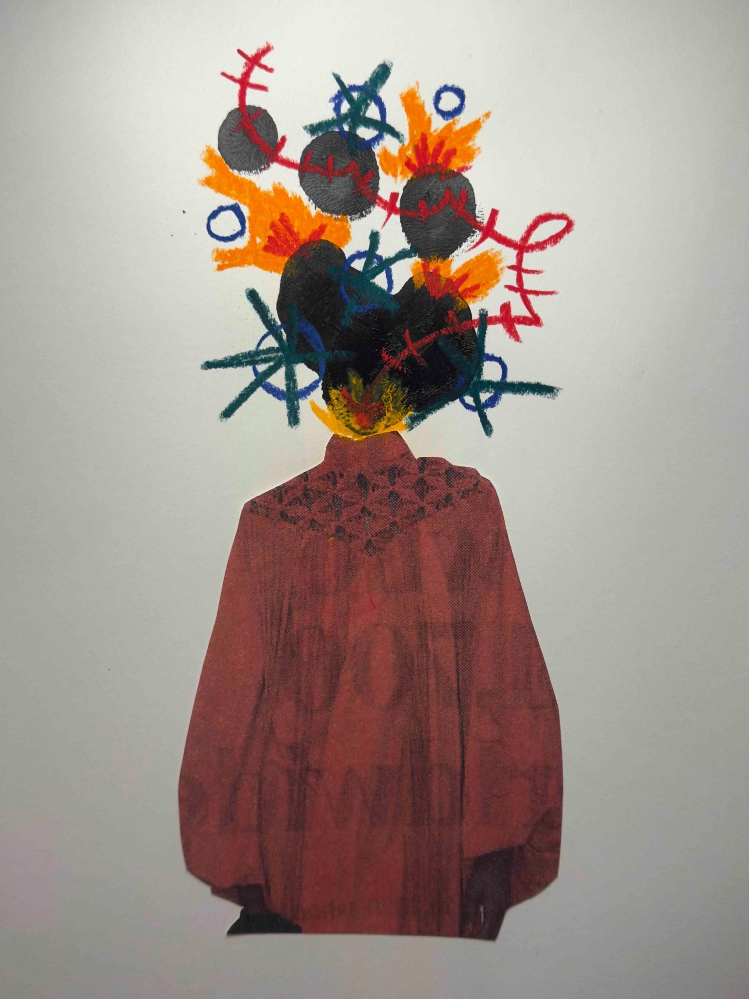 Newspaper cut out of the body abstract paint and drawing as face