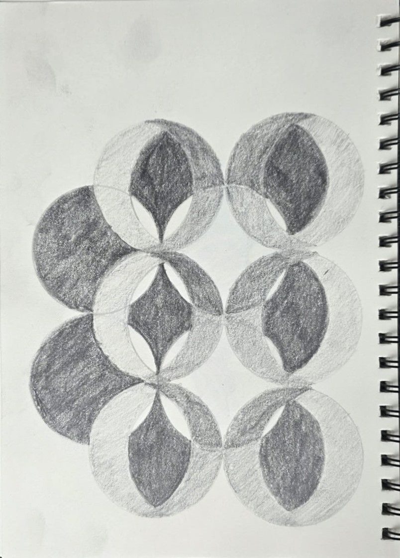 Exploration of the moon as a shape, symbol, icon - discs, crescents, circles, womb spaces in pencil