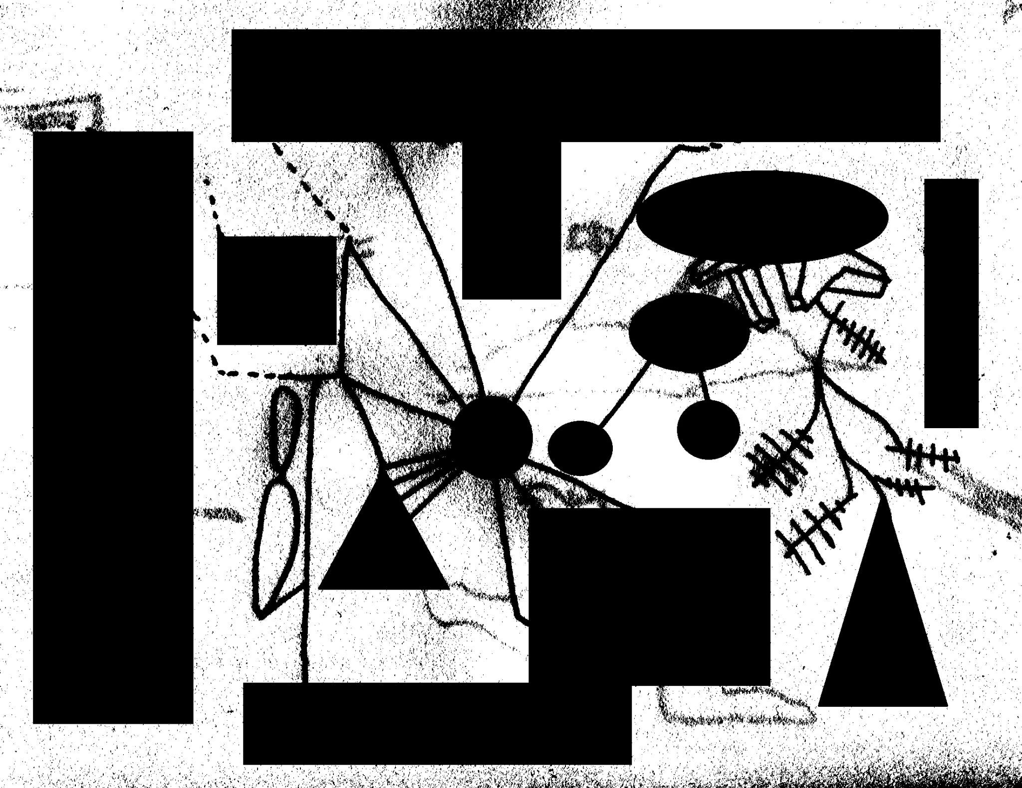 a drawing of abstract visual lanuage wih lines and geometric shapes overlayed with black rectangles, eipses and triangles