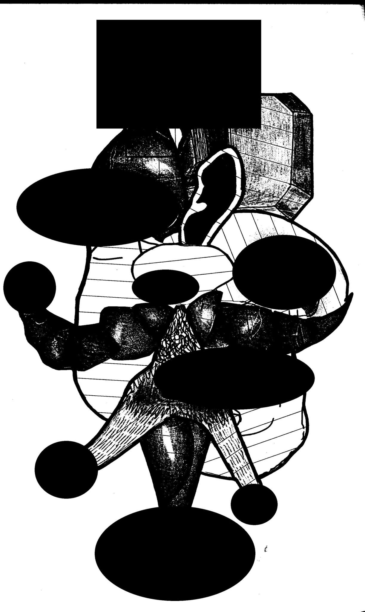 a collage of an abstract form overlayed with black elipses and a rectangle