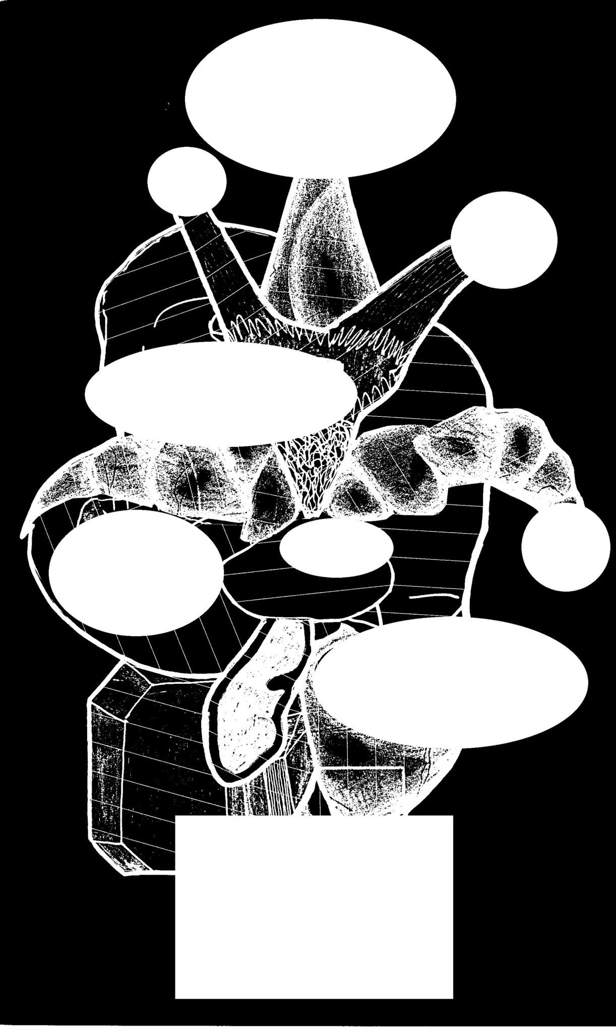 an abstract totemic form in black and white