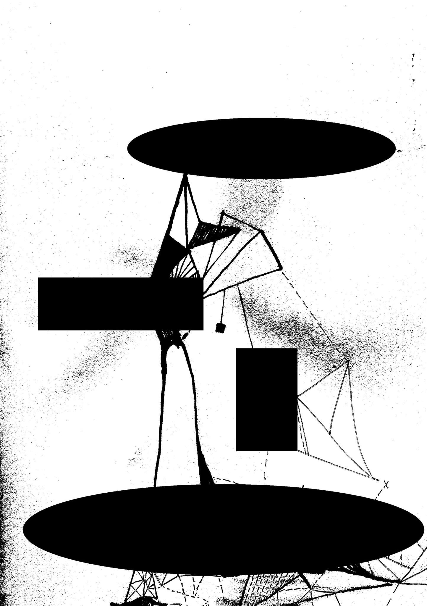 an abstract drawing of abstracted architectural froms overlayed with black elipses and squares