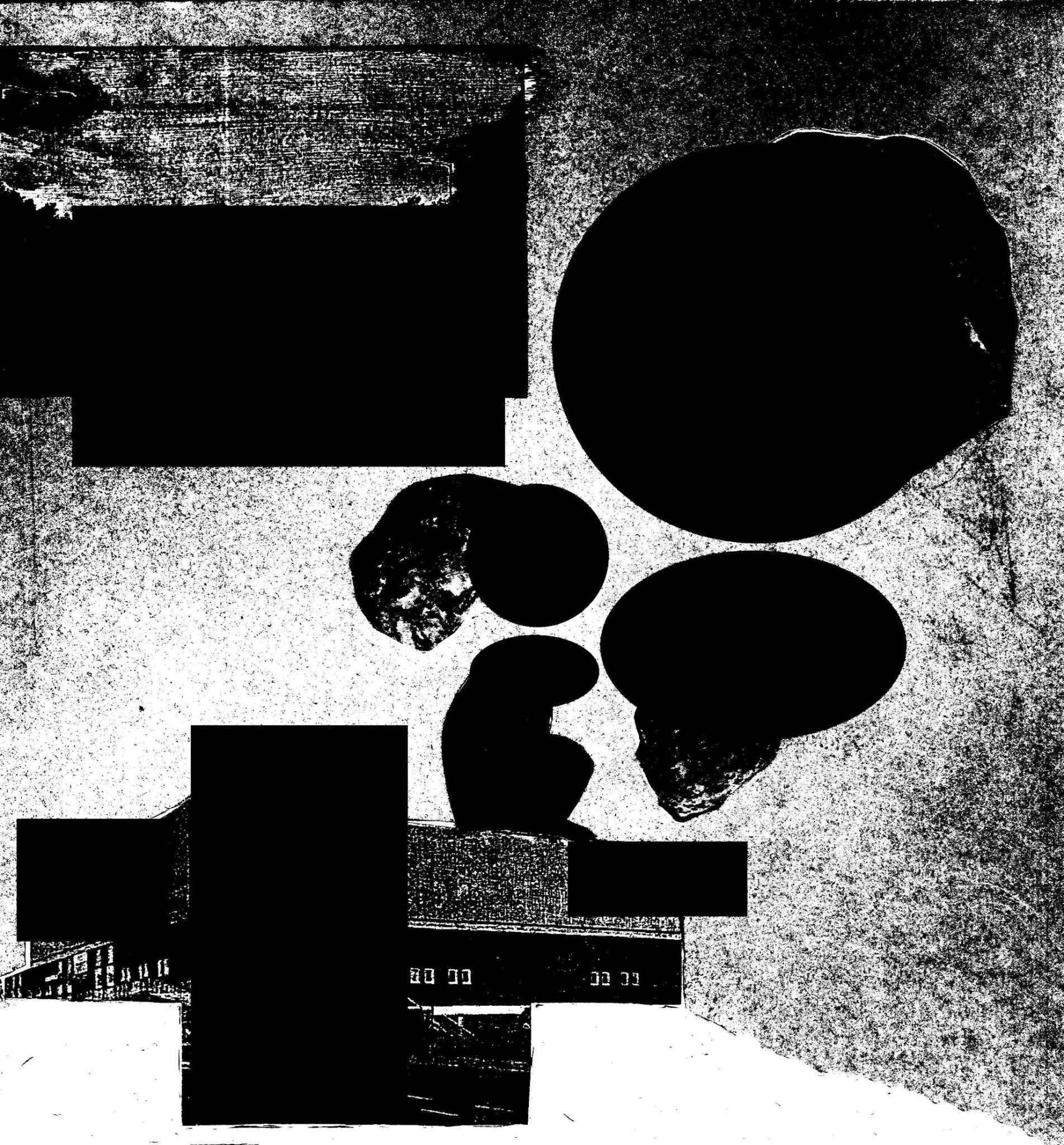An surrealist image of a cityscape overlayed with black circles and squares made to look like a photocopy