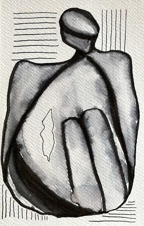 Blck ink drawing of figure with hat sitting