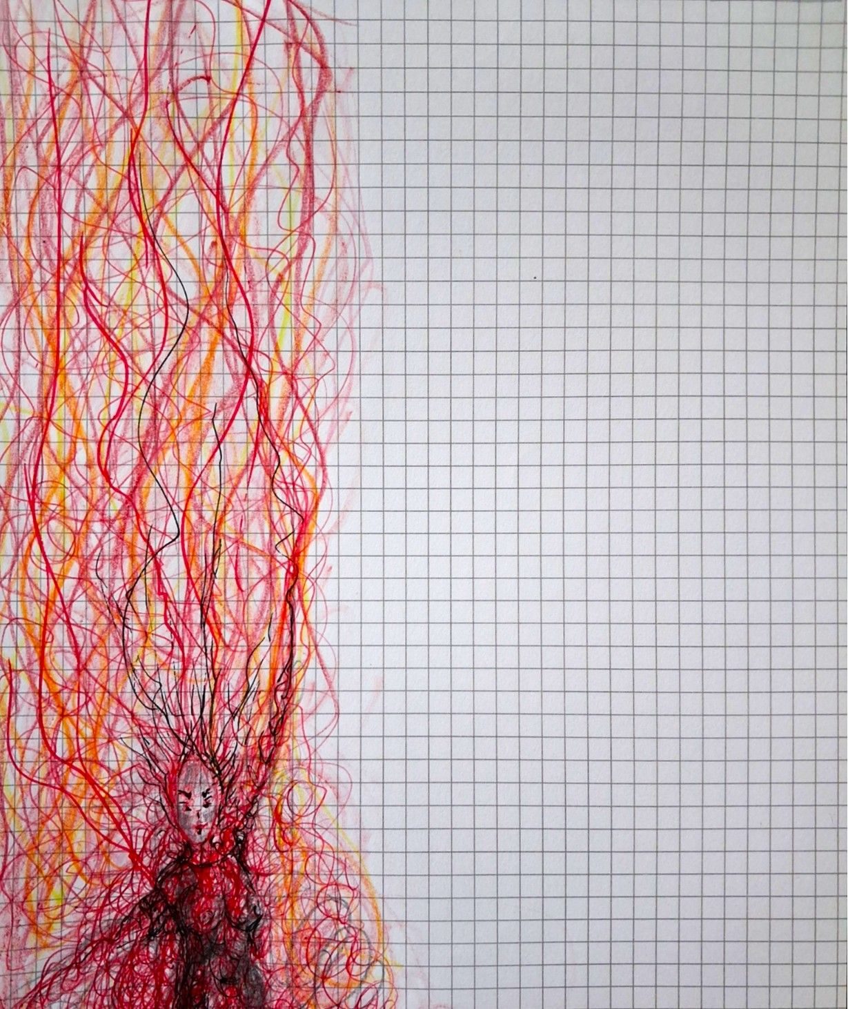 Red and black biro, lead pencil on squared paper - small wiry figure with very long hair