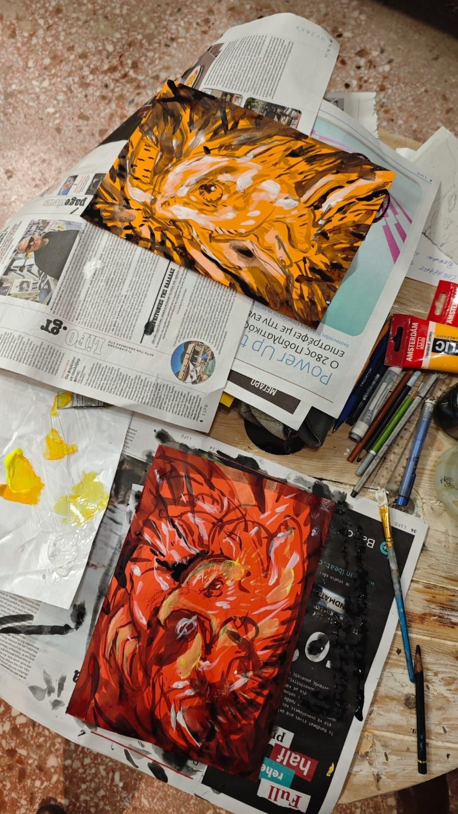 Acrylic on paper painting of a fish and a Phoenix