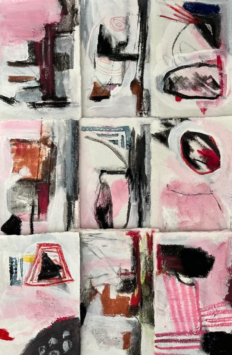 Collage work of multiple abstract pink black and white flags.