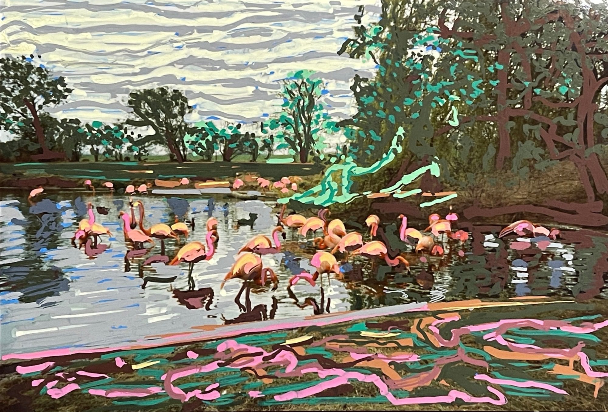 View of flamingoes in a lake. Acrylic pen on photo