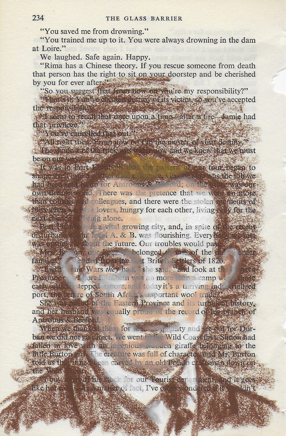Oil pastel drawing in shades of brown of my great uncle Frank on vintage book page