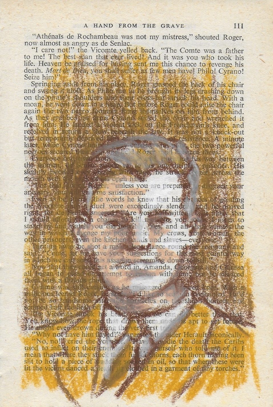 Oil pastel drawing in shades of brown of my mum's cousin on vintage book page