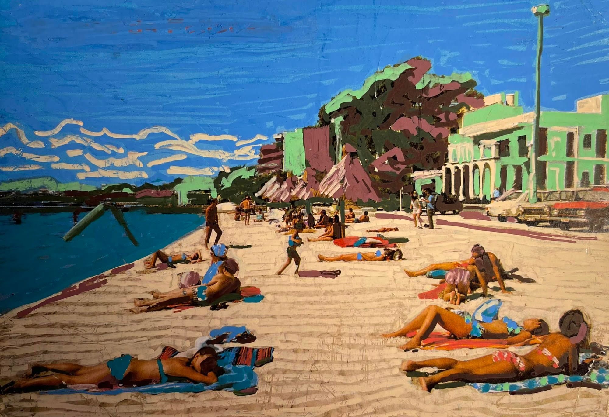 Posca Pen Drawing on Postcard of sunbathers at a beach resort