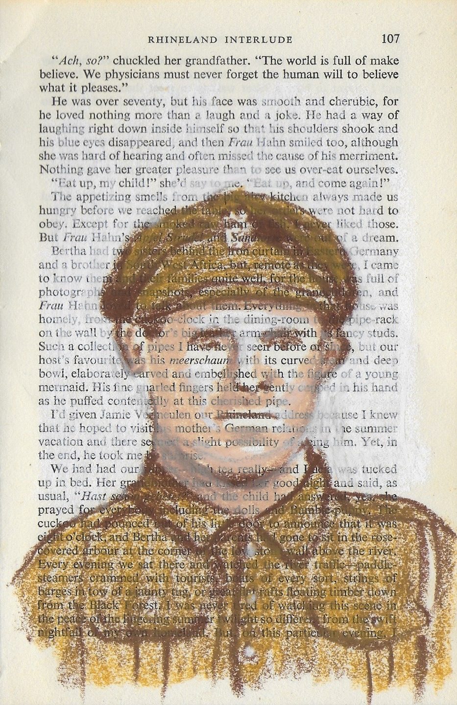 Oil pastel drawing in shades of brown on vintage book page