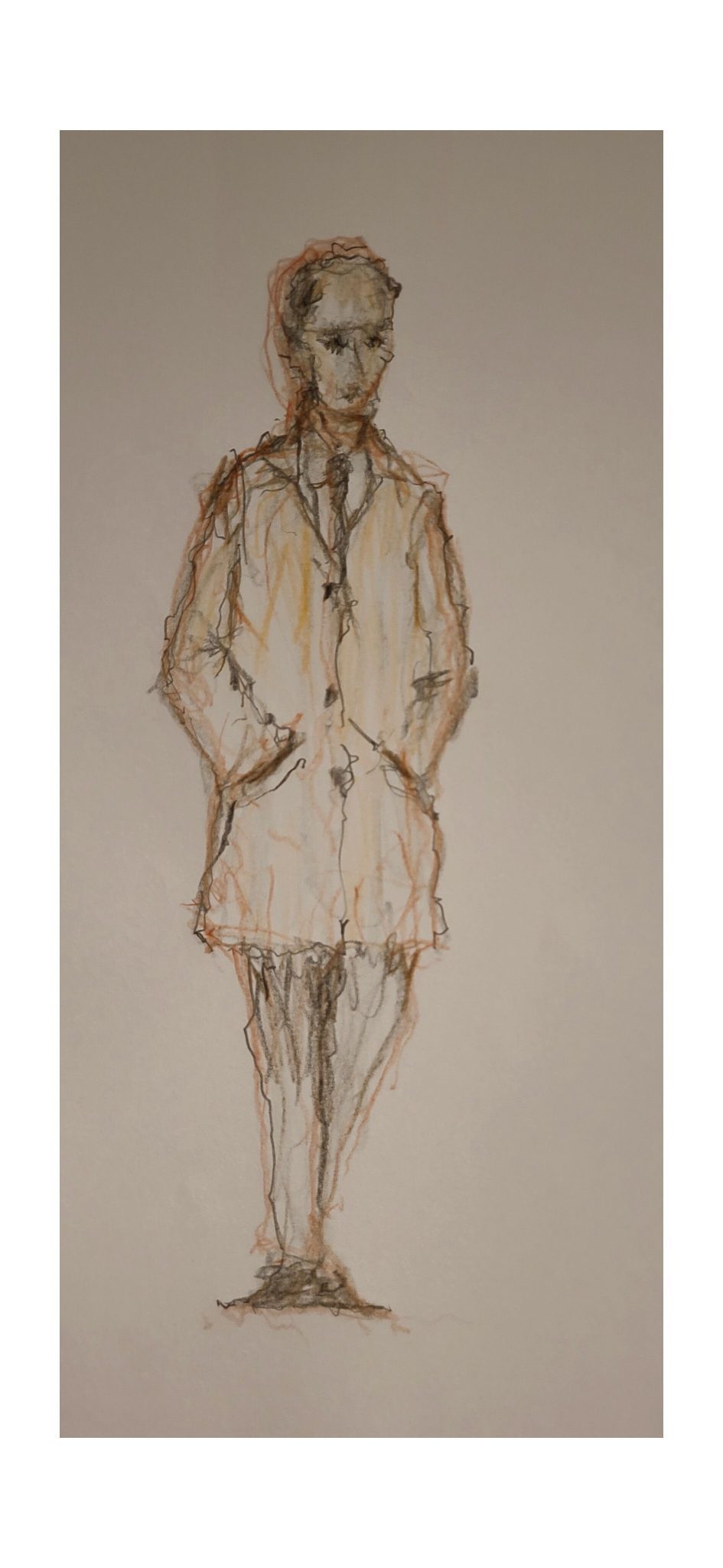 A drawn figure of an elderly man in a lab work coat