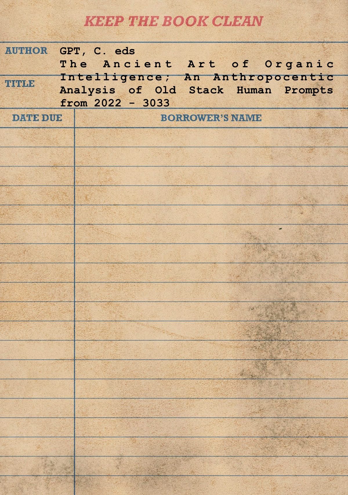 A library card for a ChatGPT edited book called 