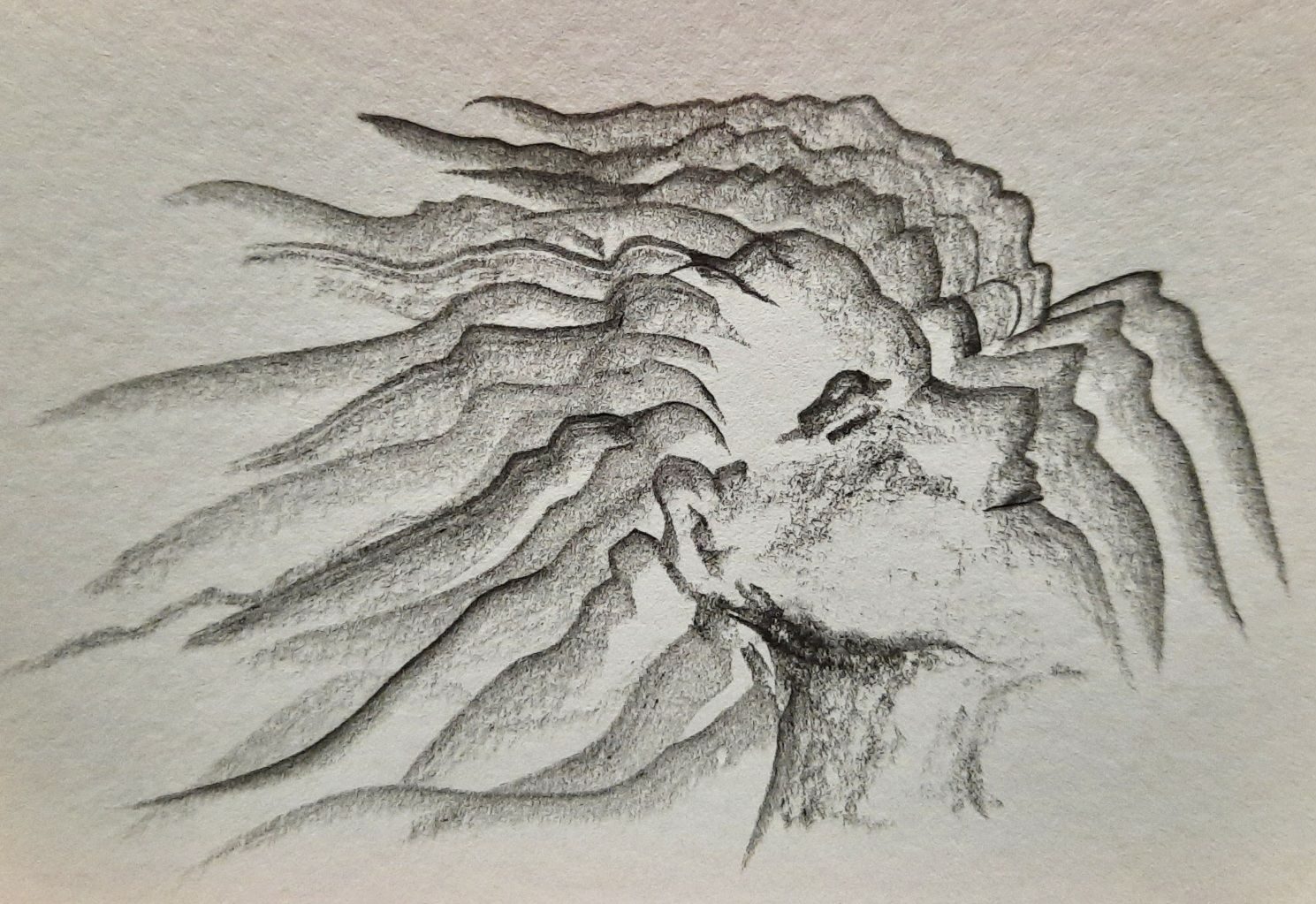 By using the edge of the HB lead pencil and applying slight pressure toward the point of the pencil the marks made have a strong, darker shade of grey that gradually blends down to lighter shades of grey.  The image created is of a person's head, slightly titled into the air, a side view only of the face, eye closed with a slight grin that shapes the lips.  An expression of contentment.