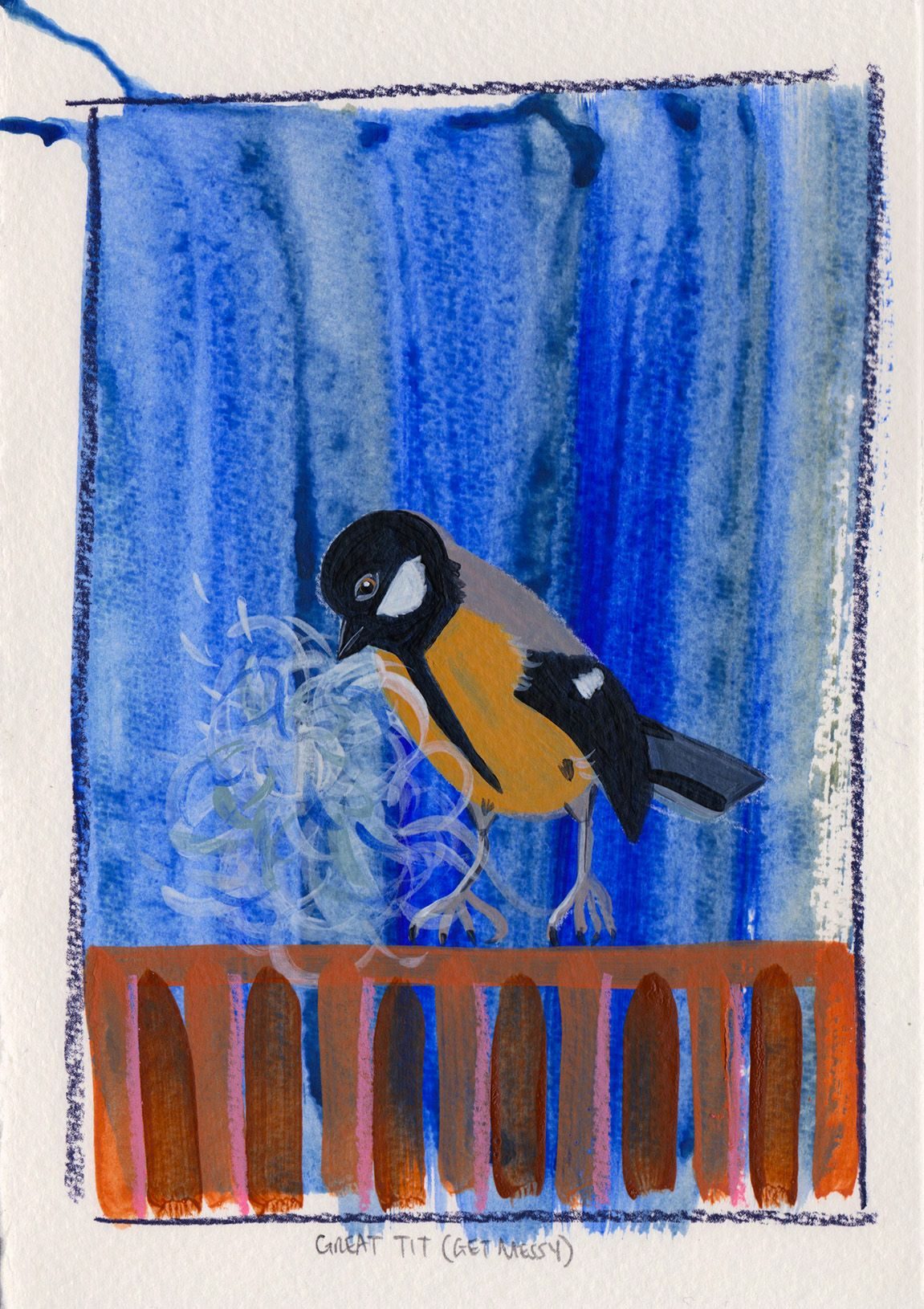 A great tit bird holding nest material in its beak on a blue background