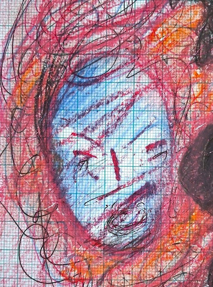 Small detail using coloured wax crayons and biro - blue/red head on graph paper