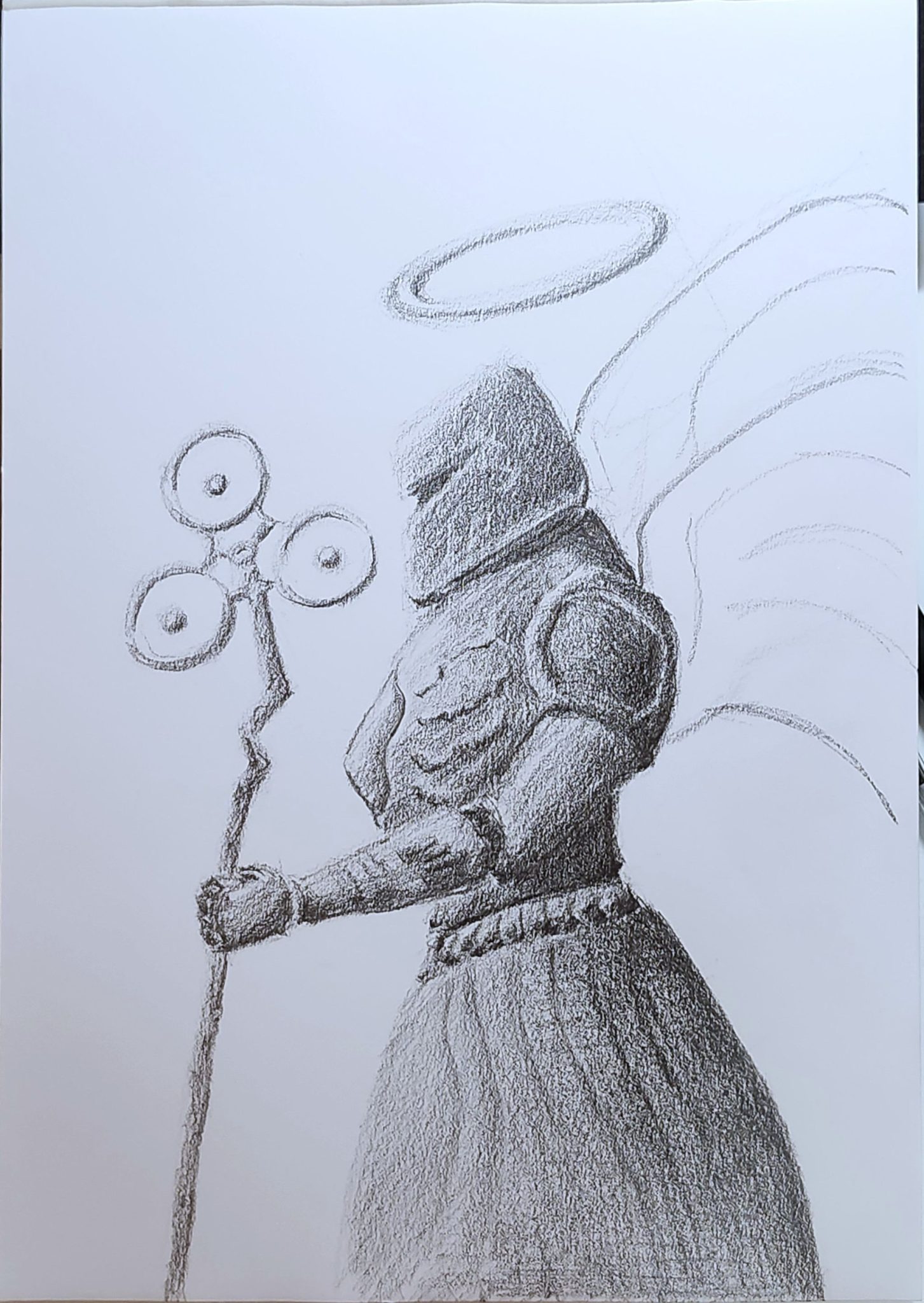 Guardian angel in heavy armour, staff in hand, wings spread, is about to meet the one