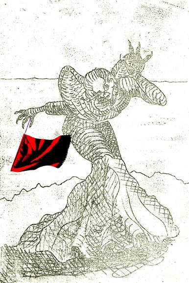 Soft ground etching and photoshop of a harpy (witchlike) character waving a red flag as an environmental warning.