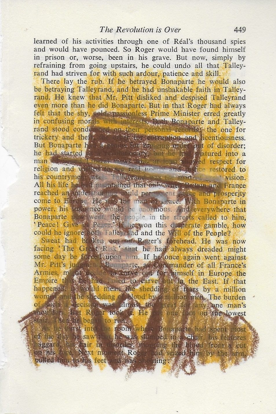 Oil pastel drawing in shades of brown of my grandfather pre 1918 on vintage book page