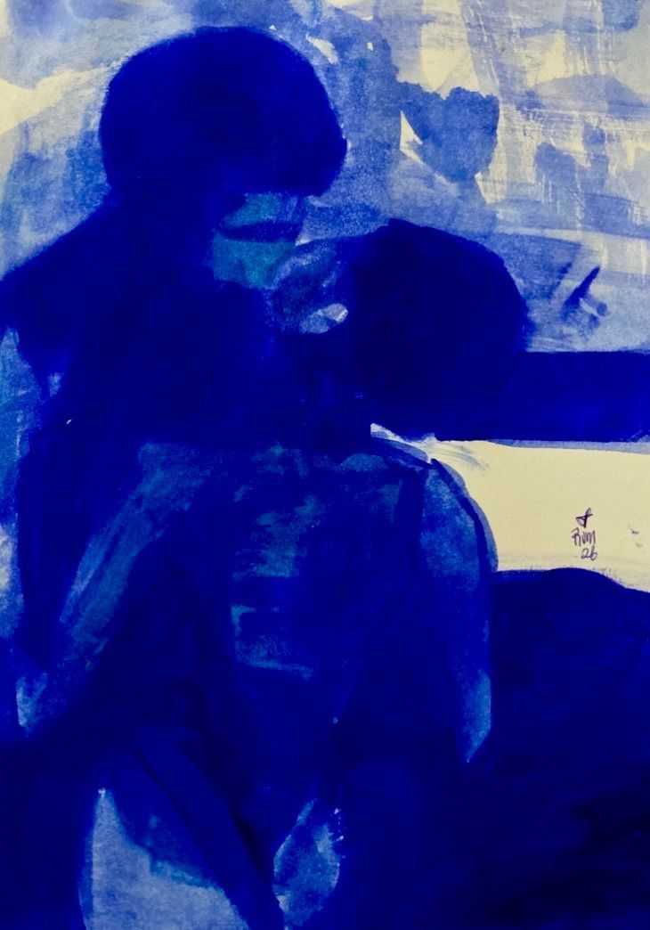 Day 21/30 — Black  After coordinating two hours on Google Meet for the Global Arts in Medicine thematic group: Spirituality, Indigenous Arts and Healing, which ended at sunset (18:02),  At 12 minutes past 6 pm, while on a call with a fellow artist, I created this painting alla prima, using the fading daylight to capture this gesture image of two people in embrace.