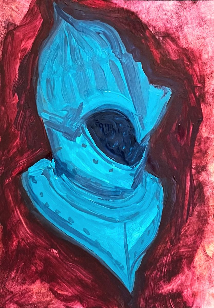 Oil painting sketch of a distinctive helmet from the Royal Armouries Museum in Leeds, sort of teal or cyan on red.