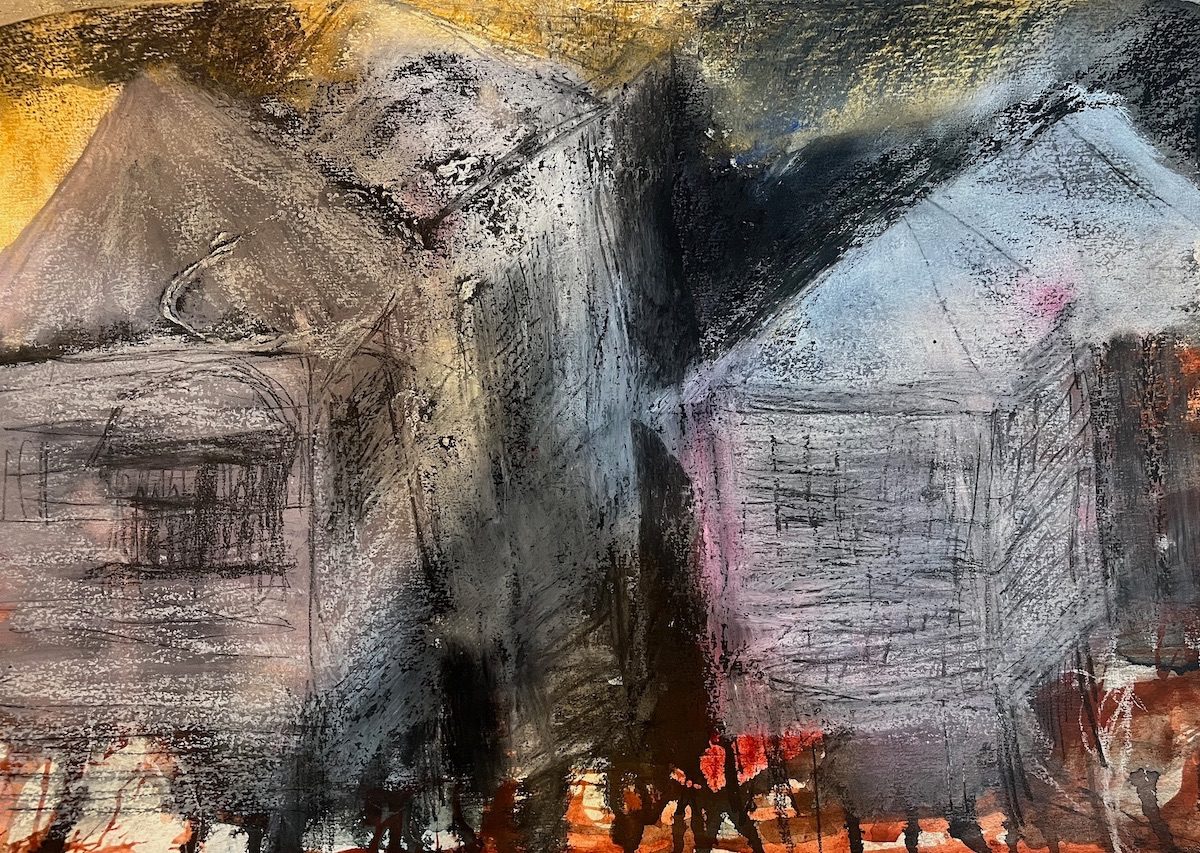 Mixed media work, two ramshackle queensland weatherboard homes. Greys and whites and lots of texture made with oil pastel and charcoal and paint.