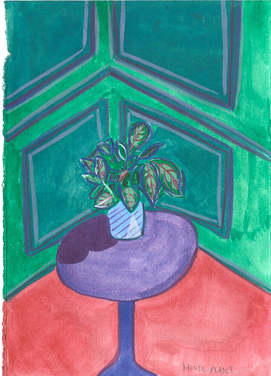 A painting of a house plant on a purple table with green and teal walls