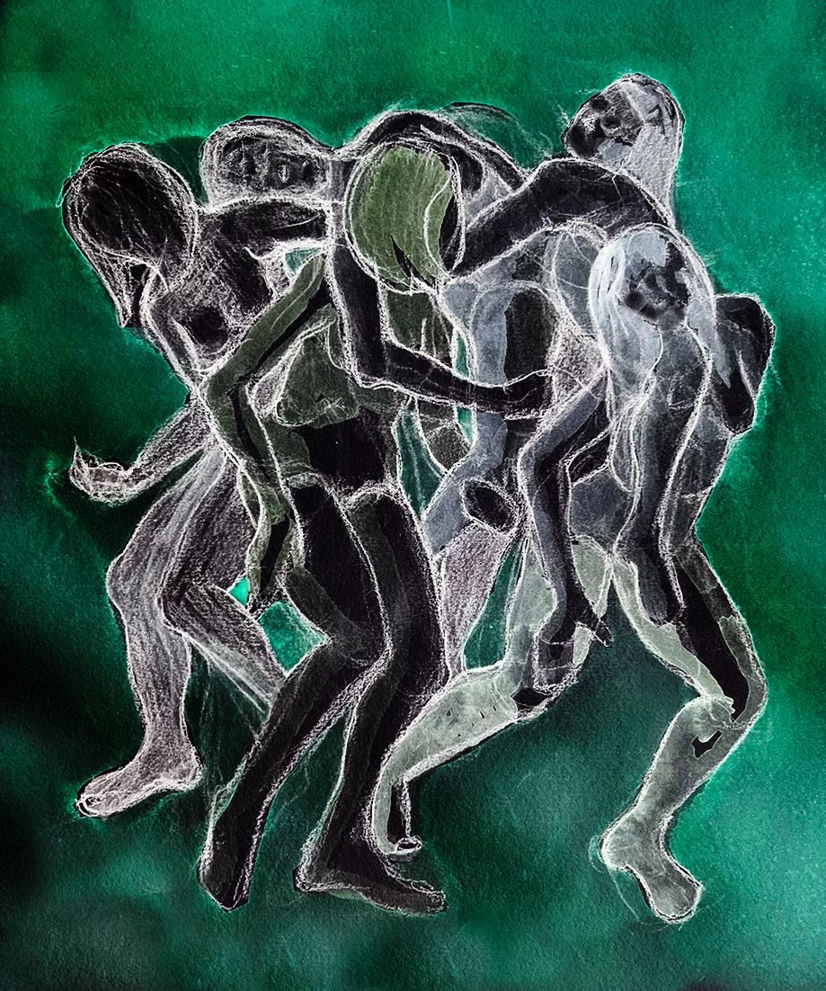 Drawing of group of five intertwined figures