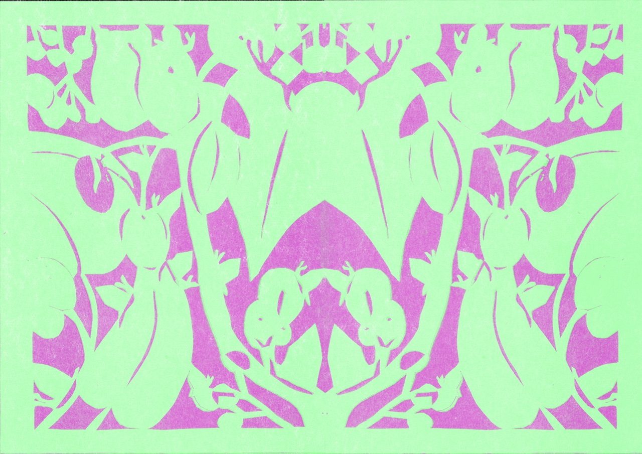 Cut out stencil of leaves and snails with houses for shells. It has been digitally edited to look like its already been screen printed with green background and pink top layer