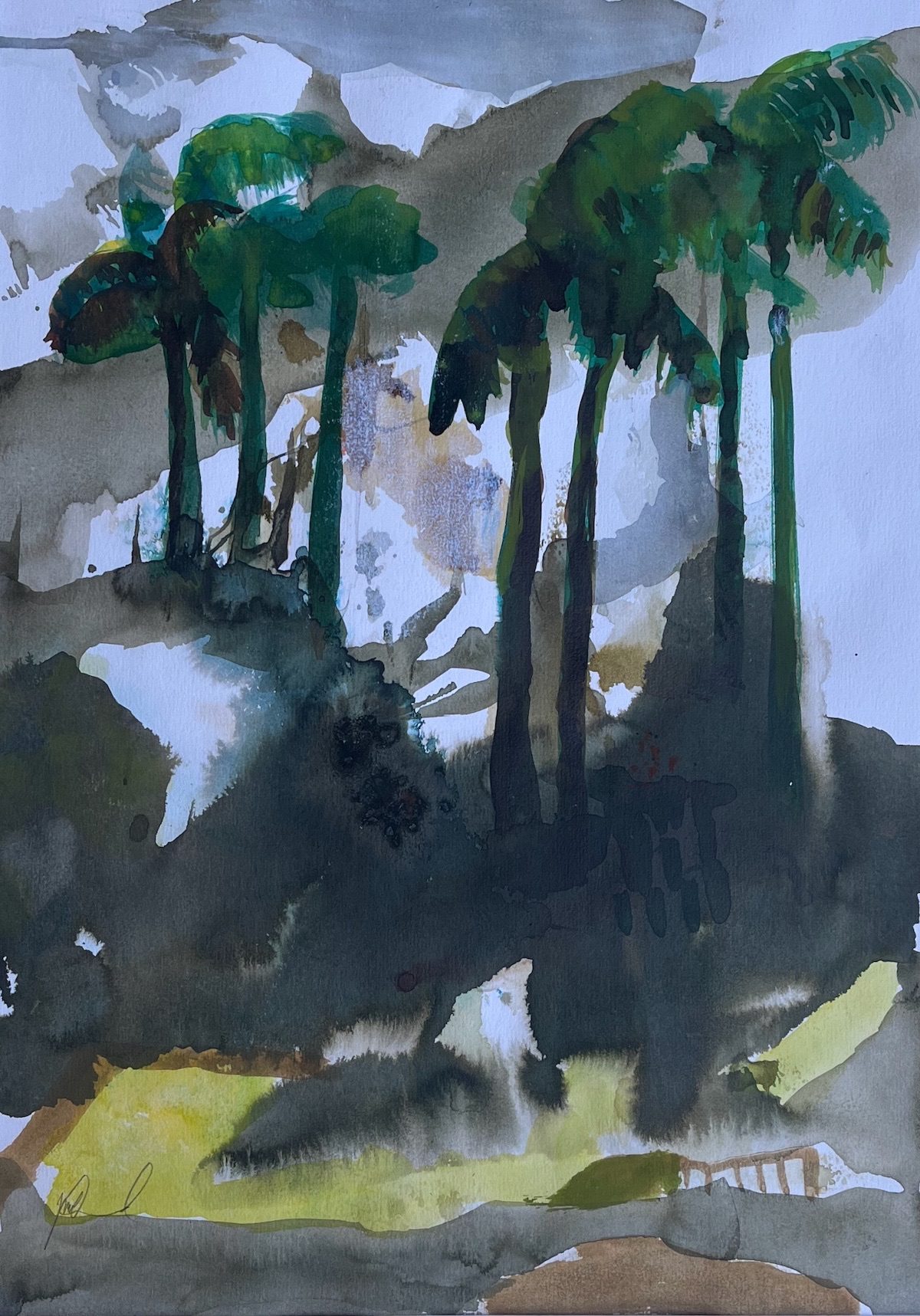 It's an abstract landscape, palm trees, green grass, moonlit sky. Blue moon.