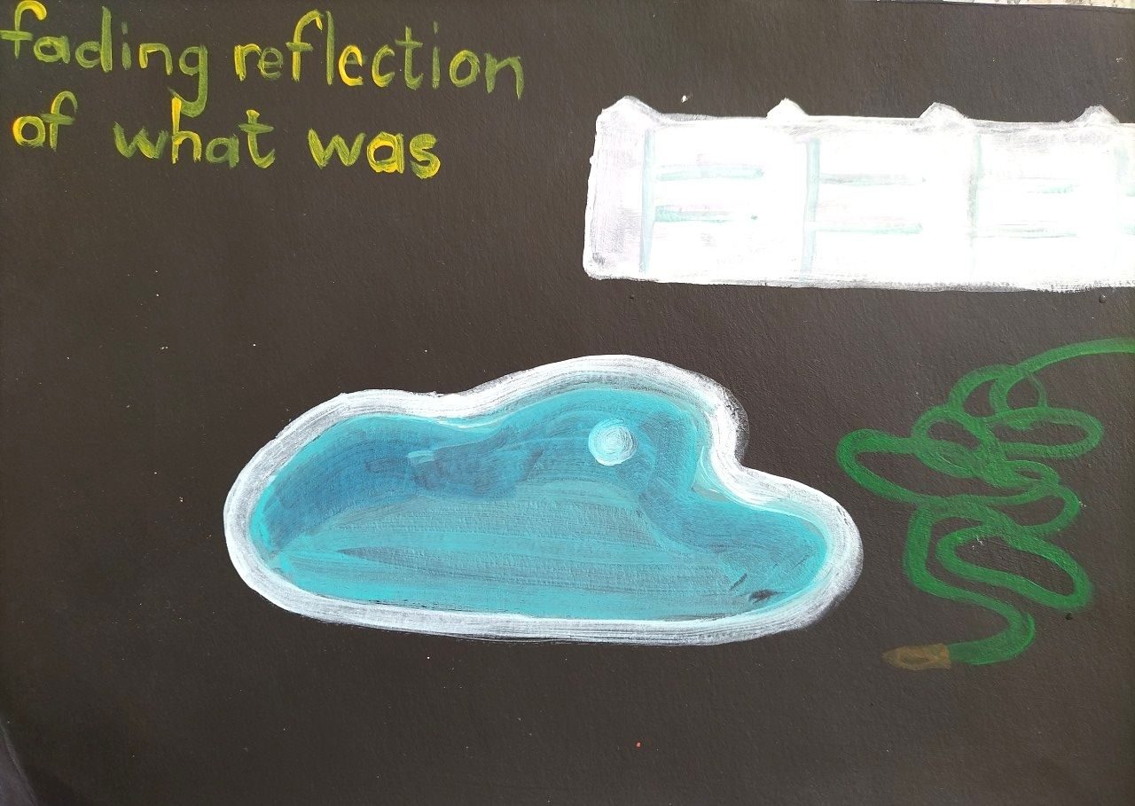 Childlike painting on black paper of a concrete fence and small swimming pool at night, with a green hosepipe lying near the pool. Yellow hand written text reads 