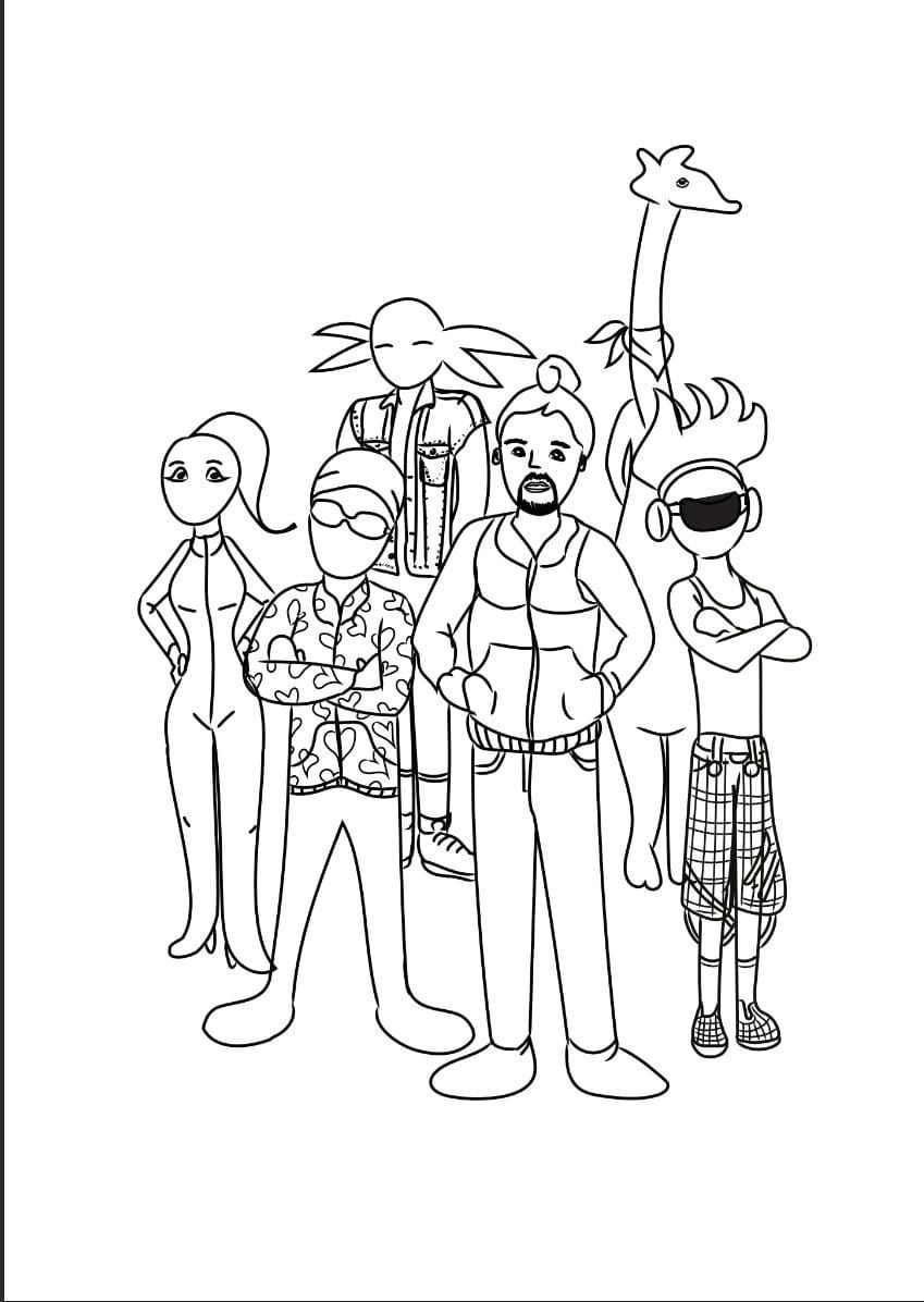 A drawing of different cartoon characters