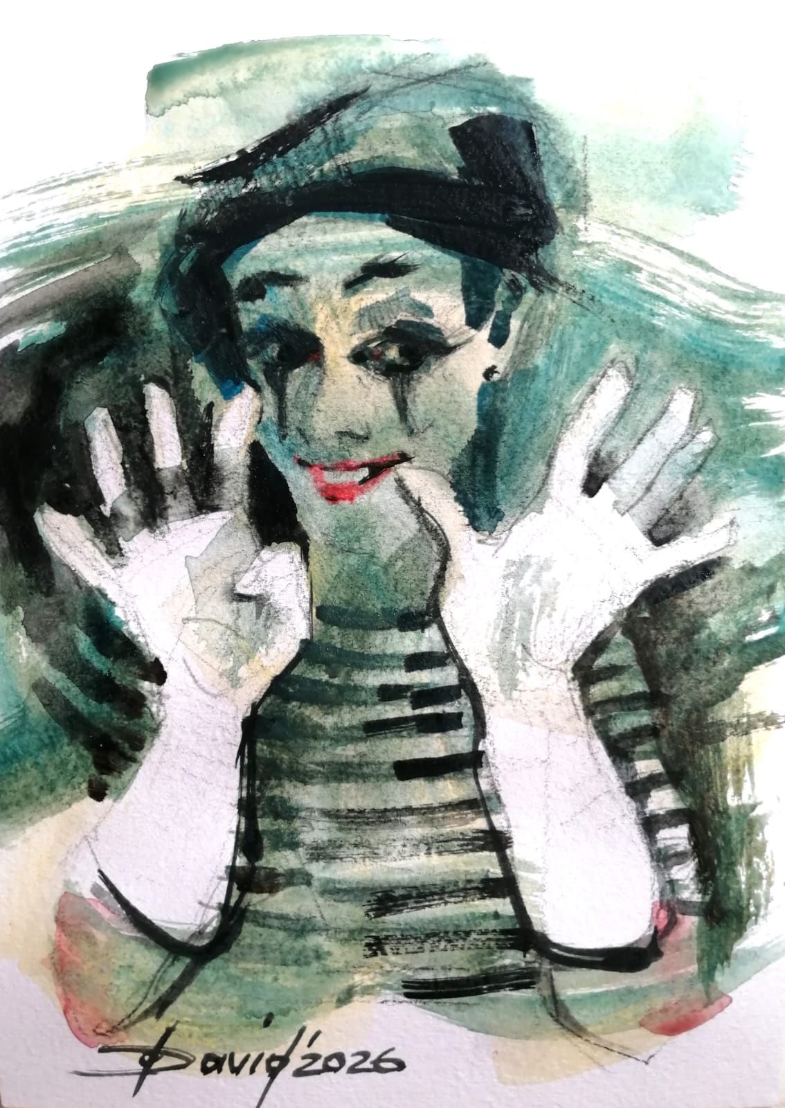 Portrait eines clowns mit ausgestreckten Händen in weißen Handschuhen