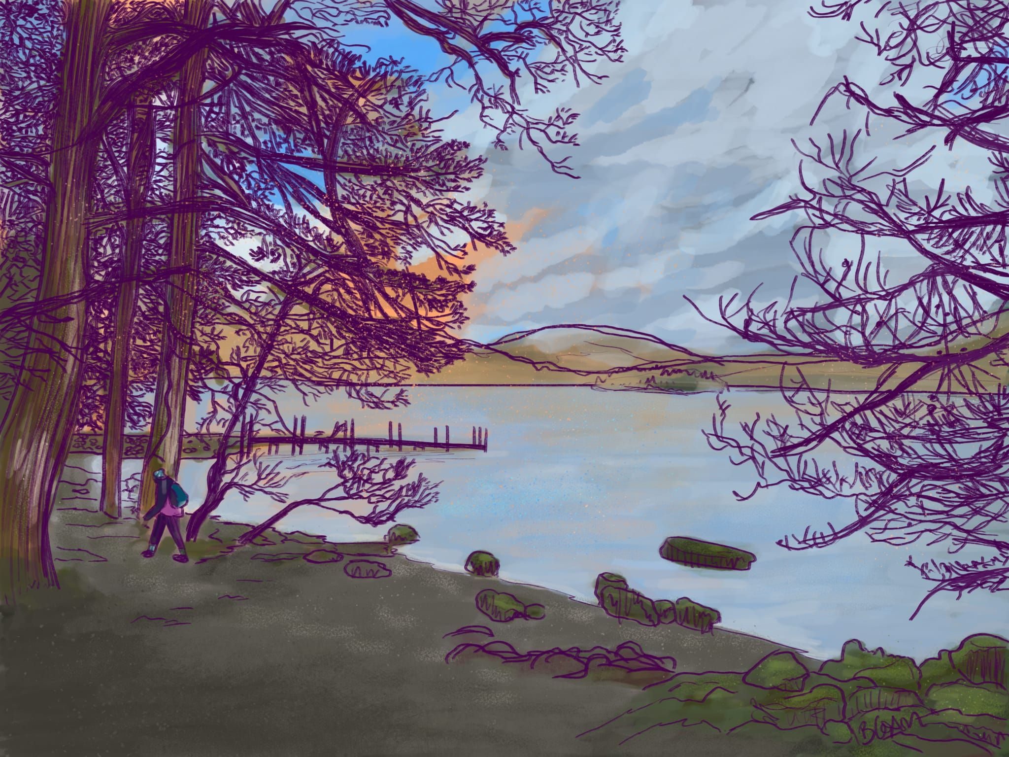 A digital sketch of the lake and surrounding at Derwentwater.