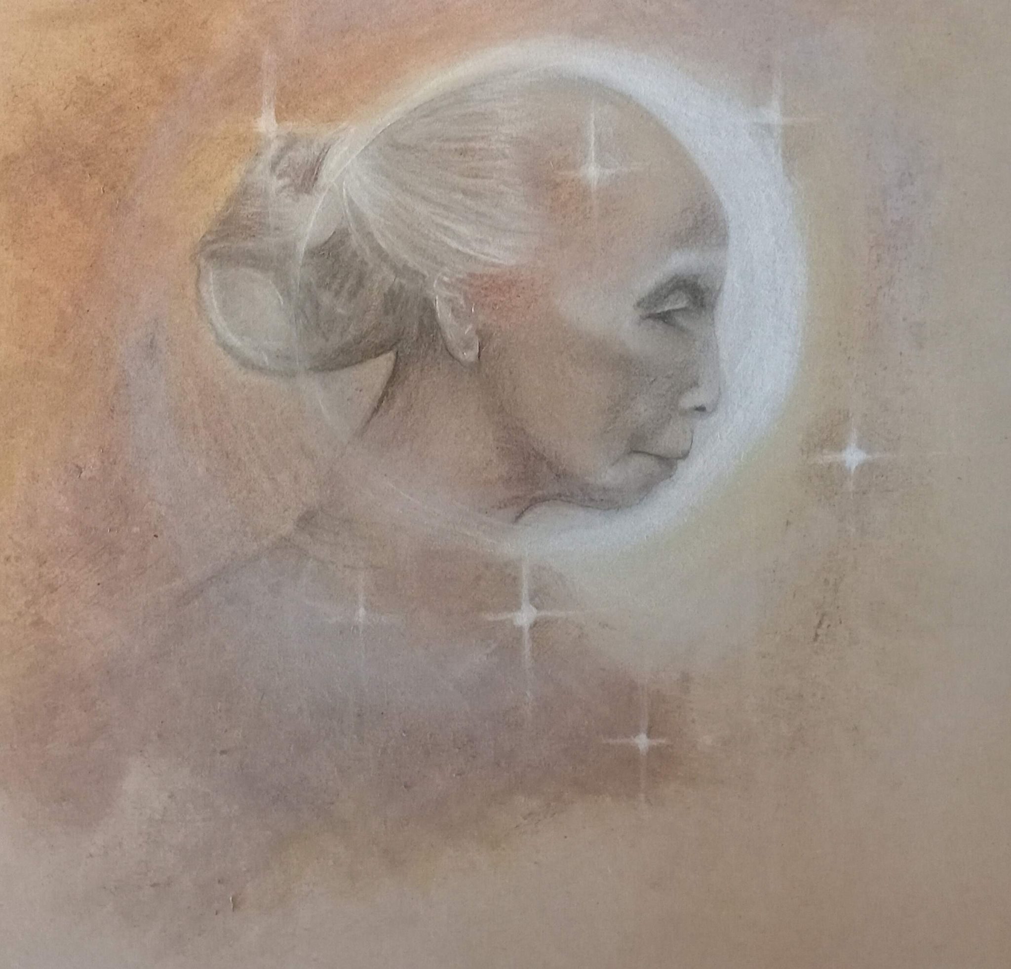 A square portrait style image in earthy tones of a beautiful elderly woman, facing right, looking slightly down, with her hair swept up and back. Her head is surrounded in moonlight with a halo effect. The image is peaceful