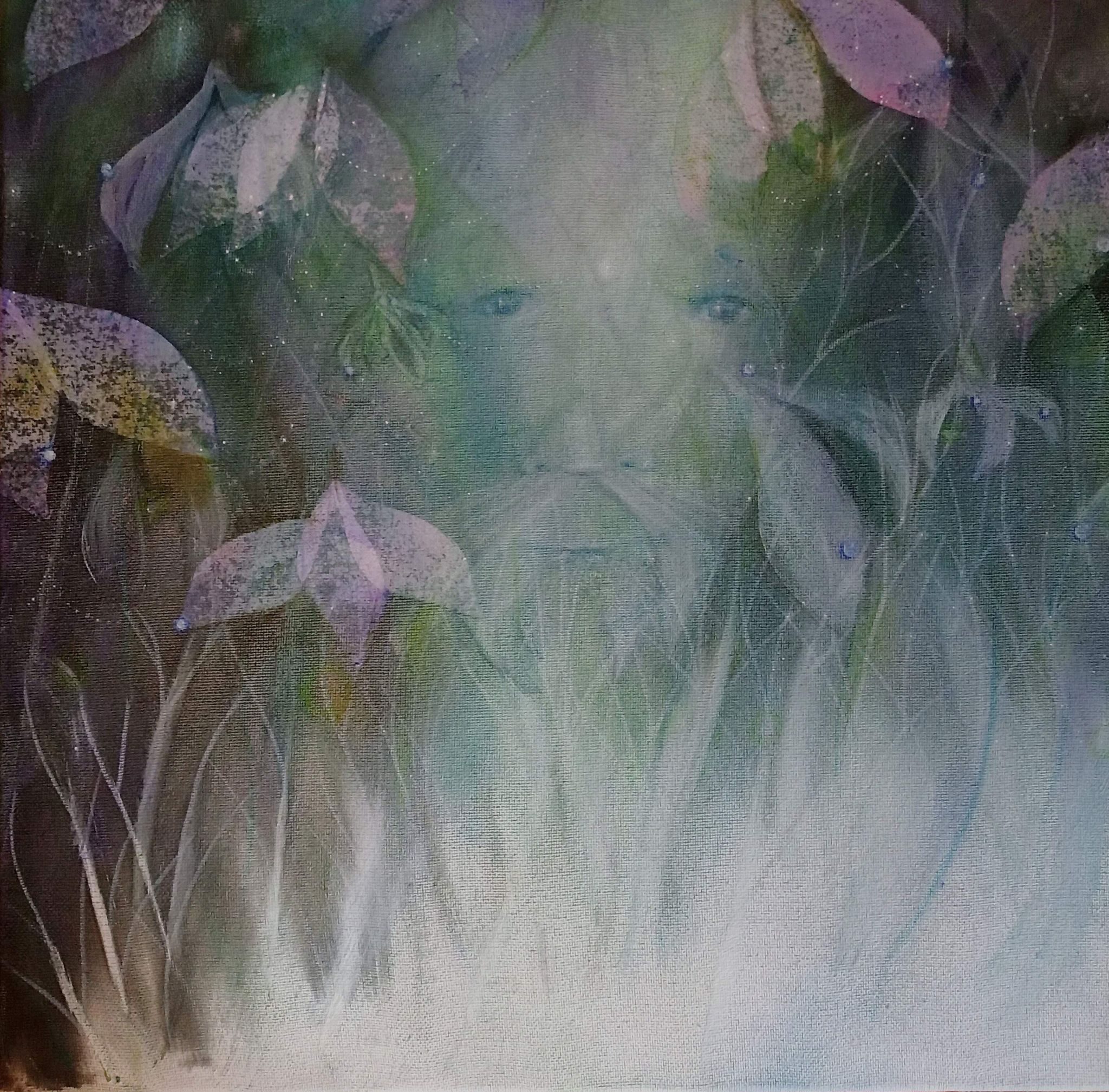 A square image in muted blues, greens and mauves with an ethereal face peering through a lacy layering of petals and starlight, gently breathing the ambience