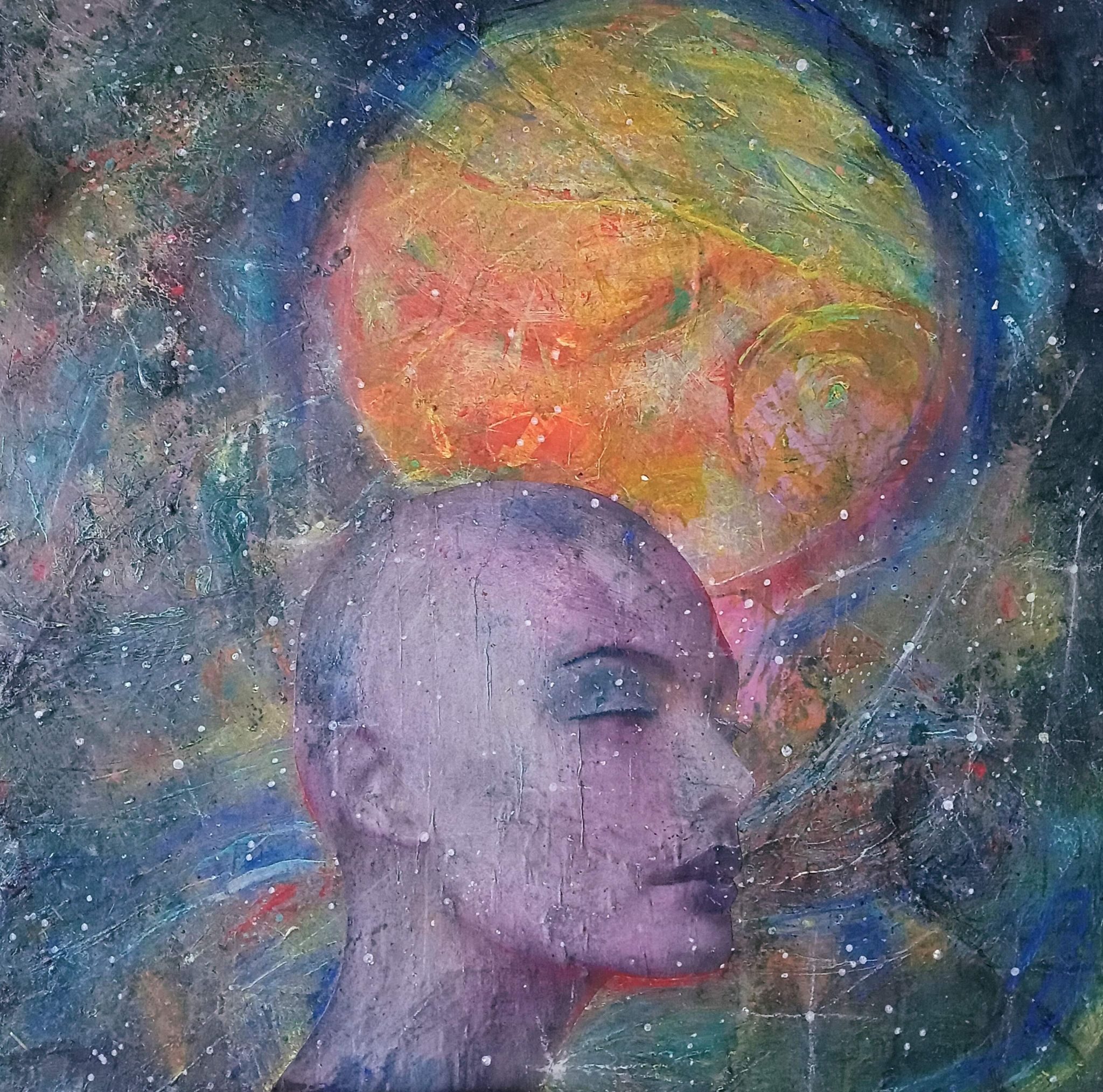 A square image of space. An alien looking, bald, female head faces right partially obscuring a large yellow/orange planet. Her purple skin contains stars