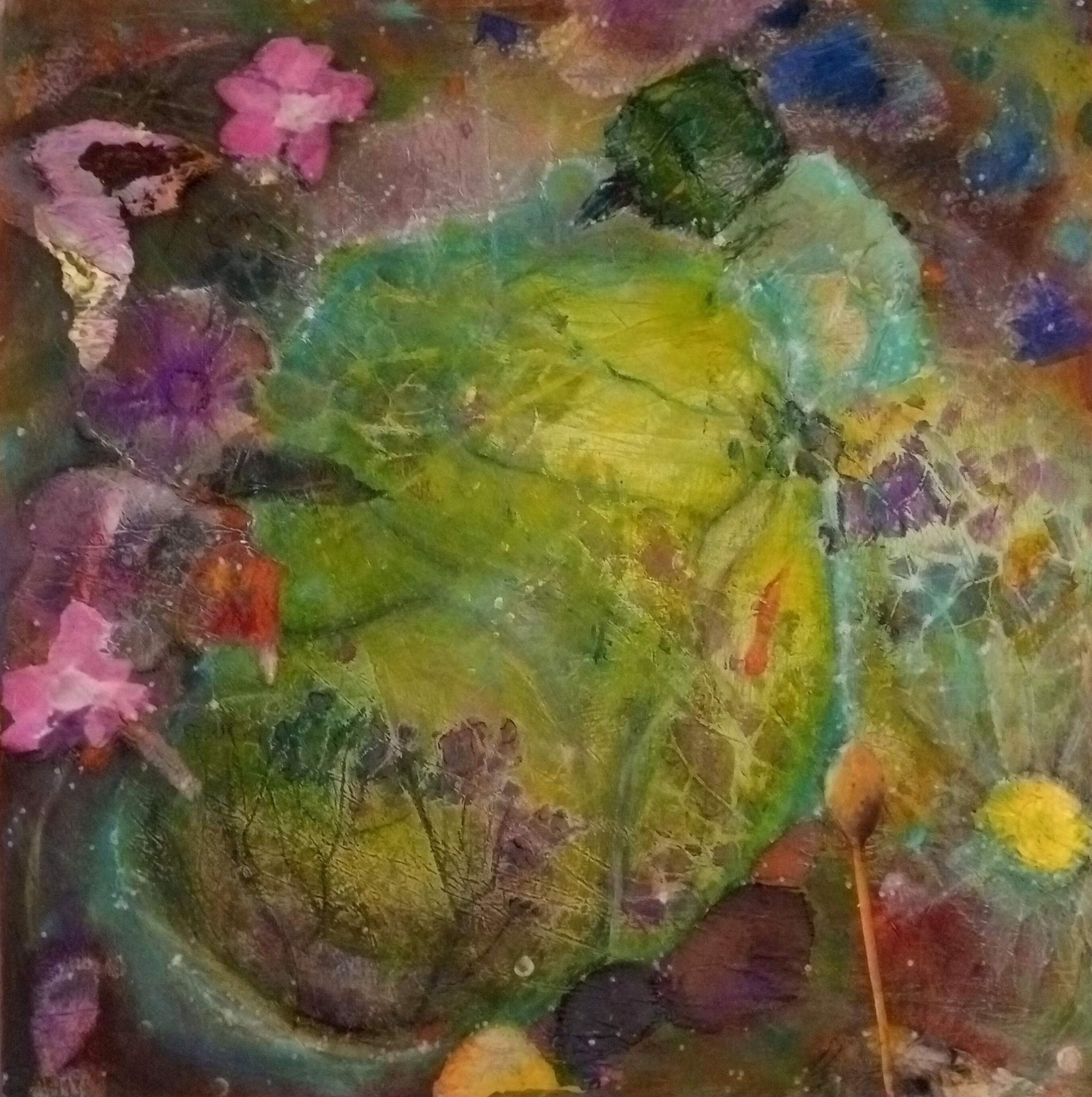 A square image depicting an irregular shaped vision of a green and summery otherworld as seen through a lush botanical border with bright pink blooms